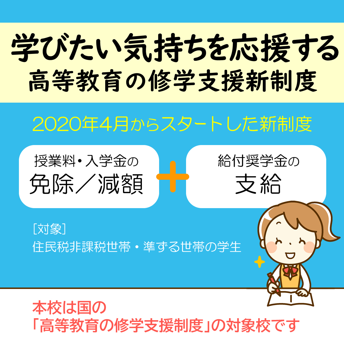 学びたい気持ちを応援する高等教育の修学支援新制度気持ち「授業料・入学金の免除／減額」＋「給付奨学金の支給」┃アルファジャパン美容専門学校は、国の高等教育の修学支援制度対象校です。